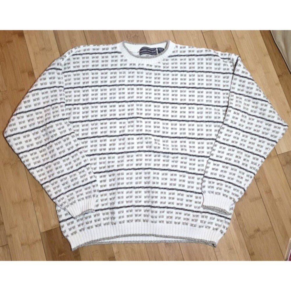 David Taylor Grandpa Sweater Vintage White Black and Gray Size XL Made in USA